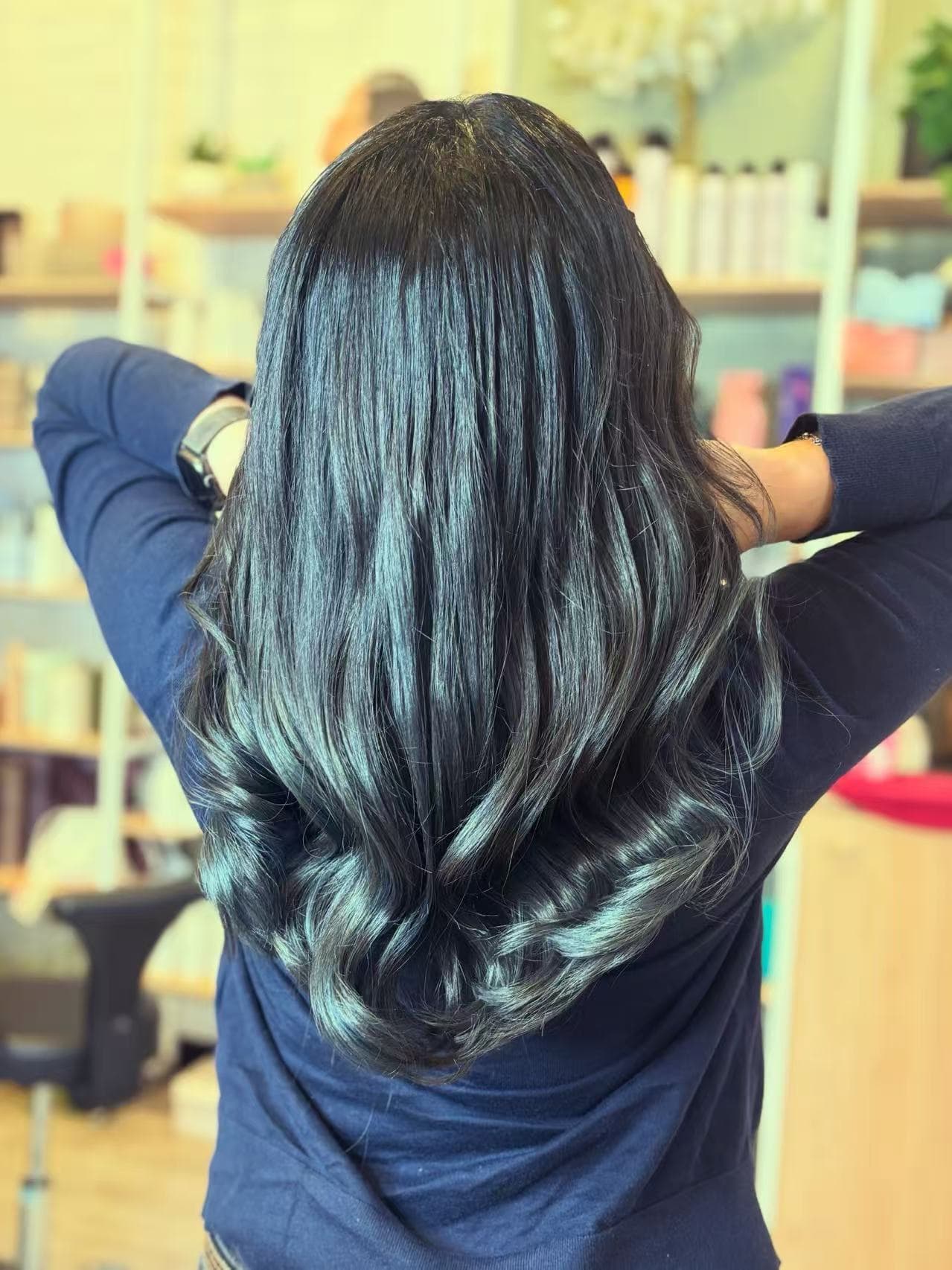 Sleek blue-black long waves by Didi at Hair Talks Rouse Hill