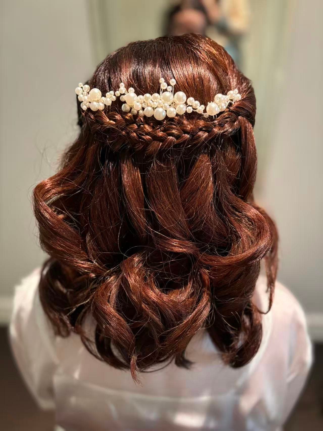 Bridal half-up style with pearl floral hair accessory by Didi at Hair Talks Rouse Hill