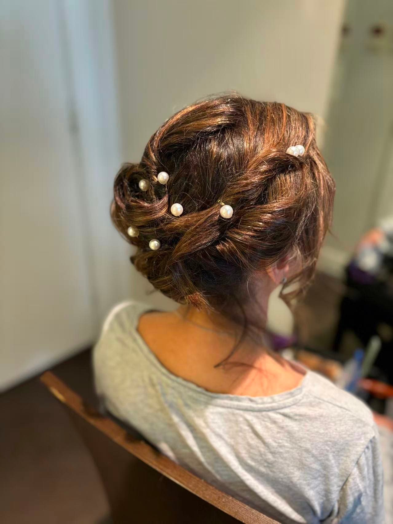 Formal bridal upstyle with pearl accessories by Didi at Hair Talks Rouse Hill