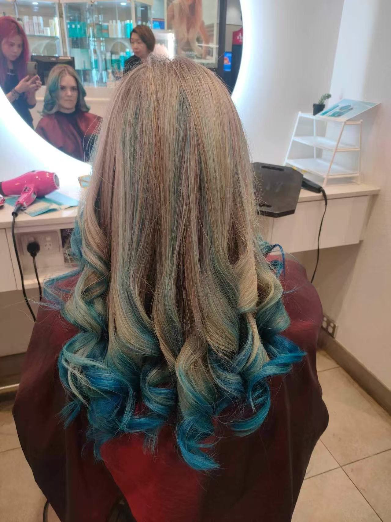 Blonde and teal ombre curls by Didi at Hair Talks Rouse Hill
